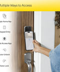 Slick Black Smart Keyless Entry Door Lock With Apple Home Keys And Smooth Keypad Access Auto Unlocks Via Express Mode For iPhone And Apple Watch HomeKit Ready Hardware, showcasing Apple Home Key and keypad entry.