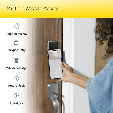 Slick Black Smart Keyless Entry Door Lock With Apple Home Keys And Smooth Keypad Access Auto Unlocks Via Express Mode For iPhone And Apple Watch HomeKit Ready Hardware, showcasing Apple Home Key and keypad entry.