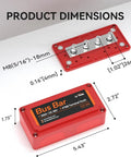 2 Pack 300A Beefy Bus Bar Power Distribution Block With Four M8 Terminal Posts Max DC 48V For Automotive Marine And Solar Systems Red And Black Dual Terminal Block For Heavy Duty Electrical Setup, dimensions view