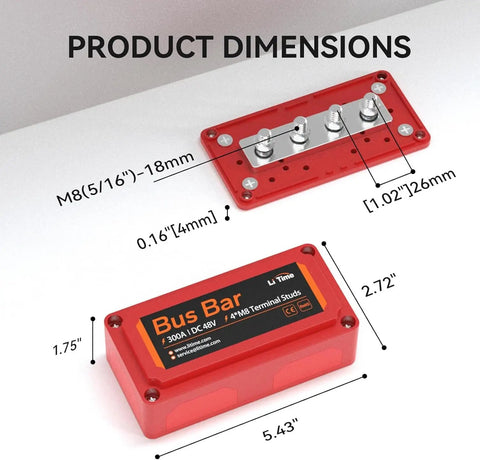 2 Pack 300A Beefy Bus Bar Power Distribution Block With Four M8 Terminal Posts Max DC 48V For Automotive Marine And Solar Systems Red And Black Dual Terminal Block For Heavy Duty Electrical Setup, dimensions view