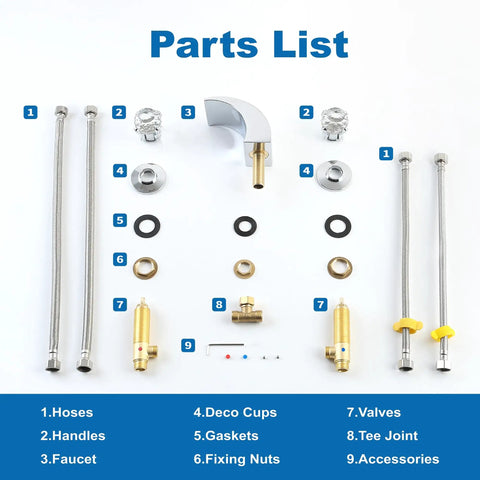 Parts list for LED Waterfall Bathroom Faucet With Temperature Sensitive Light, including handles and valves