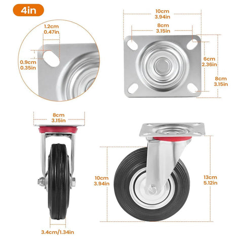 Heavy Duty Swivel Caster Wheels With Secure Locking And Foot Brake, 4-inch detailed dimensions for 360 Degree Swivel Lock