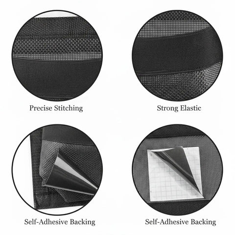 Close-up details of Versatile Self Adhesive Mesh Pocket Wall Organizer for RV Boat and Home with durable polyester and self-adhesive backing.