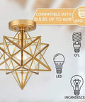 Brass Moravian Star Ceiling Light Flush Mount With Clear Glass Shade, Modern Transitional Design, bulb compatibility details