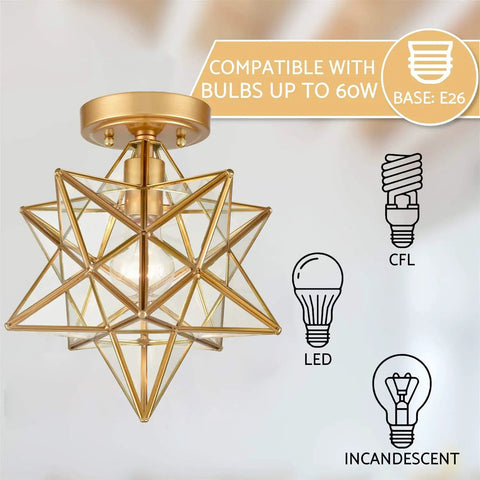 Brass Moravian Star Ceiling Light Flush Mount With Clear Glass Shade, Modern Transitional Design, bulb compatibility details