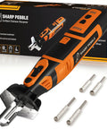 Cordless Electric Chainsaw Sharpener Kit with chain saw sharpener tool, four file size sharpening wheels, angle guide attachment