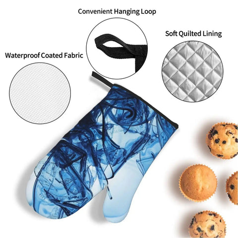 Rock Your Kitchen With These Cool Abstract Blue Fluid Shapes Oven Mitts And Pot Holders Set Of 4 with hanging loop and quilted lining.