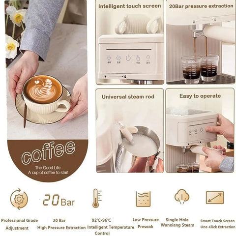 Touchscreen Espresso Coffee Machine Featuring Built In Milk Frother Semi Automatic Brewer And High Pressure Pump For No Brainer Cafe Shots And Smooth Sips Daily with latte art on a plate.