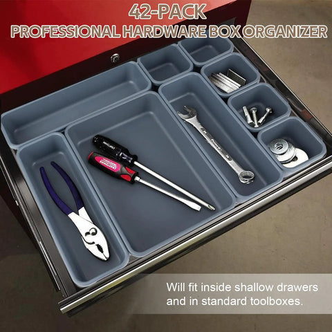 42 Pack Three Size Tool Box Organizer Trays Set With Interlocking Dividers for garage drawers, holding mechanic tools and hardware gear