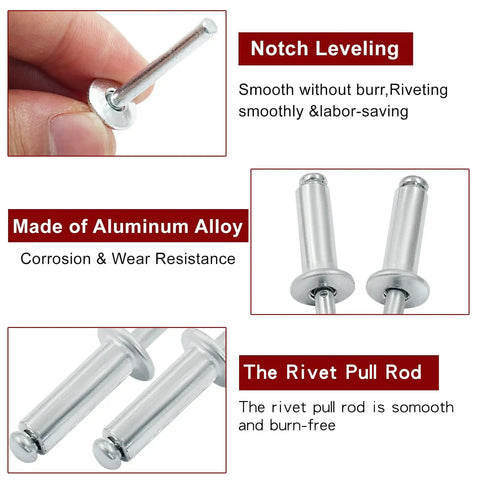 Heavy Duty Aluminum Blind Rivets Top Shelf Dome Head Silver Metal Fasteners shown with rivet pull rod and features for auto body repairs.