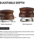 53mm Espresso Distributor And Pro Grade Adjustable Depth Tamper Leveler With Walnut Wood Handle Fits 54mm Breville Barista Portafilter For Level Even Coffee Pucks And Smooth Extraction, showing adjustable depth before and after adjustment.