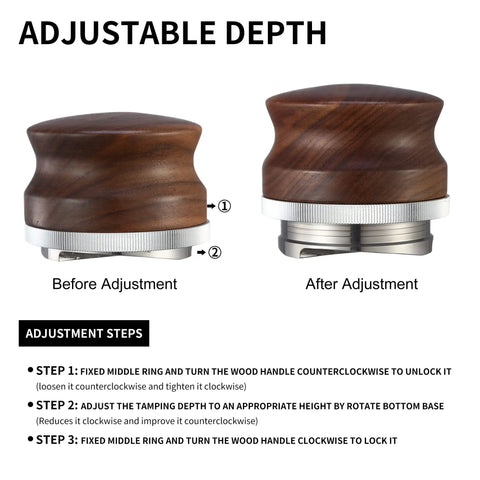 53mm Espresso Distributor And Pro Grade Adjustable Depth Tamper Leveler With Walnut Wood Handle Fits 54mm Breville Barista Portafilter For Level Even Coffee Pucks And Smooth Extraction, showing adjustable depth before and after adjustment.