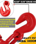 Close-up of red grab hook for Two Pack Ratchet Chain Binder Five Sixteenths To Three Eighths Inch Heavy Duty Load Binders.