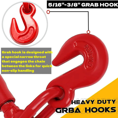 Close-up of red grab hook for Two Pack Ratchet Chain Binder Five Sixteenths To Three Eighths Inch Heavy Duty Load Binders.