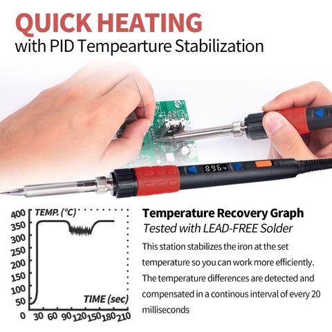 110W Soldering Iron With Full Digital Display And Temperature Control, Fahrenheit And Celsius Readout, being used on a circuit board