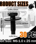 Rock Solid M6 1.0 By 25Mm Hex Head Sems Bolts With 19.5Mm Washers 30 Pack dimensions displayed over a vehicle background.