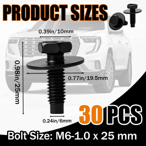 Rock Solid M6 1.0 By 25Mm Hex Head Sems Bolts With 19.5Mm Washers 30 Pack dimensions displayed over a vehicle background.