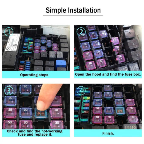 Heavy Duty 30 Piece Box Blade Fuse Kit Featuring Low And Tall Slick Profile Assortment showing installation steps in a fuse box.