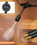 Close-up of Outdoor String Lights 100Ft IP65 Waterproof Connectable Dimmable Patio Cafe Porch Party Vintage Edison Shatterproof Bulbs E26 Sockets
