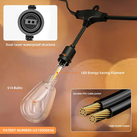 Close-up of 96Ft Led Outdoor String Lights With 32 S14 Vintage Edison Bulbs showing dual-layer waterproof plug and LED filament