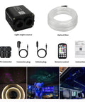 Image showcasing Dual Color 20W Fiber Optic Starlight Headliner Kit with 1200 Strands, 0.03 Inch Diameter, RGBW light source, and accessories.