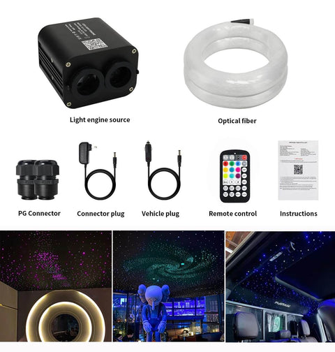 Image showcasing Dual Color 20W Fiber Optic Starlight Headliner Kit with 1200 Strands, 0.03 Inch Diameter, RGBW light source, and accessories.