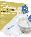 Premium Quality No Sweat Commode Liners Ultra Absorbent Jasmine Scent Bags pack, 50 count, disposable, leakproof, ready to use.