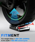 Bike Wheel Cleaning Stand For Most Street Bikes Under 485 Lbs And Tire Width Under 180 mm Paddock Wheel Roller Stand For Tire Cleaning And Chain Lubrication Black, supporting a motorcycle wheel up to 485 lbs and tire width under 180 mm.