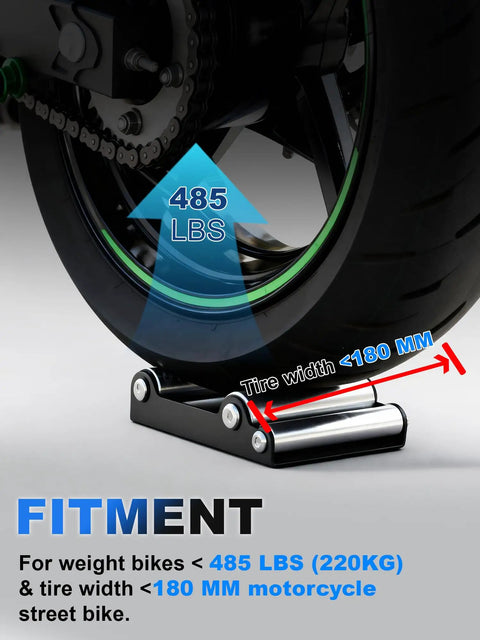 Bike Wheel Cleaning Stand For Most Street Bikes Under 485 Lbs And Tire Width Under 180 mm Paddock Wheel Roller Stand For Tire Cleaning And Chain Lubrication Black, supporting a motorcycle wheel up to 485 lbs and tire width under 180 mm.