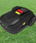 Smart Robotic Lawn Mower With App Control on grass, 18 cm cutting width, anti theft security features visible.