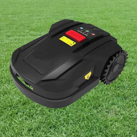 Smart Robotic Lawn Mower With App Control on grass, 18 cm cutting width, anti theft security features visible.