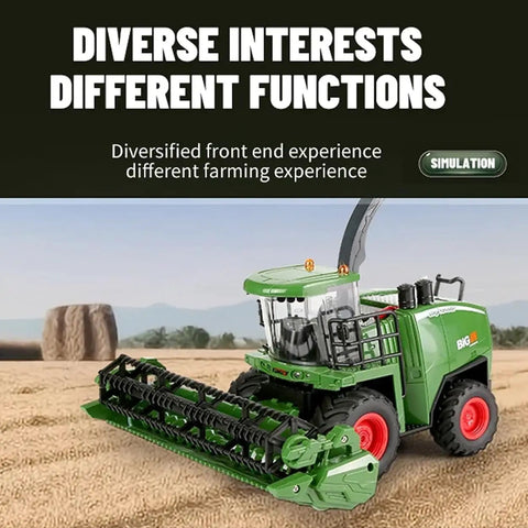 Remote Control One Twenty Four Scale Combine Harvester With Four Wheel Drive And Six Channel System in a farm setting