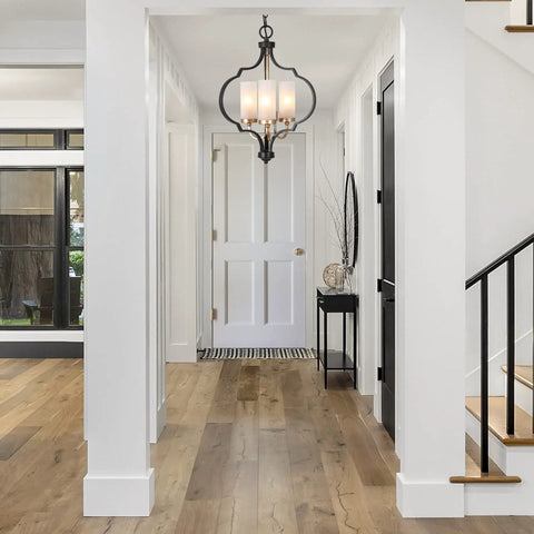 Modern Orb Chandelier With 3 Lights In Black And Gold, Frosted Glass Shades in foyer