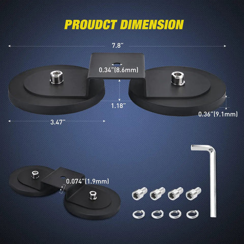 Dimensions of Beefy Universal Magnetic Base Light Bar Mounts with Rubber Boot and included screws and Allen wrench.