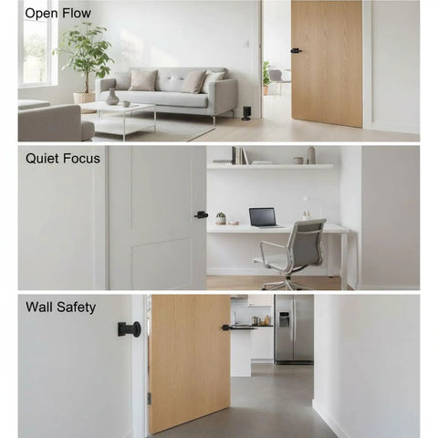 Heavy Duty No Drill Door Stopper Set With Invisible Metal Adhesion, Strong Magnetic Hold, used in home office and living spaces.