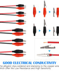 108 Pcs Alligator Clip Set With Red Black 35mm 45mm 53mm Metal Crocodile Clips And 5A 15A 30A Charging Clips For Laboratory Testing And DIY Electronics Projects, showing insulated clips with wiring.