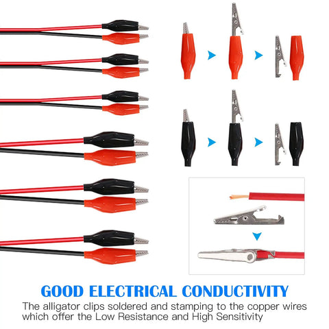108 Pcs Alligator Clip Set With Red Black 35mm 45mm 53mm Metal Crocodile Clips And 5A 15A 30A Charging Clips For Laboratory Testing And DIY Electronics Projects, showing insulated clips with wiring.