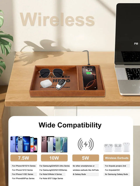 Valet Tray With Integrated Wireless Charger For Dad Youre My Hero Engraved EDC Nightstand Organizer on desk with accessories.