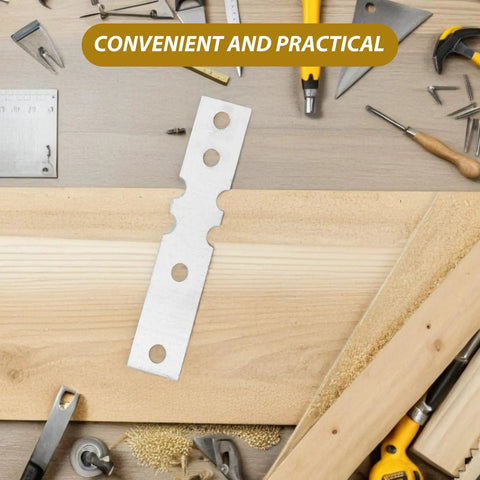 Heavy Duty Metal Joining Plates With Easy Install, Iron Connector Brackets laying on wood with tools, 50 Pack Repair Plates.