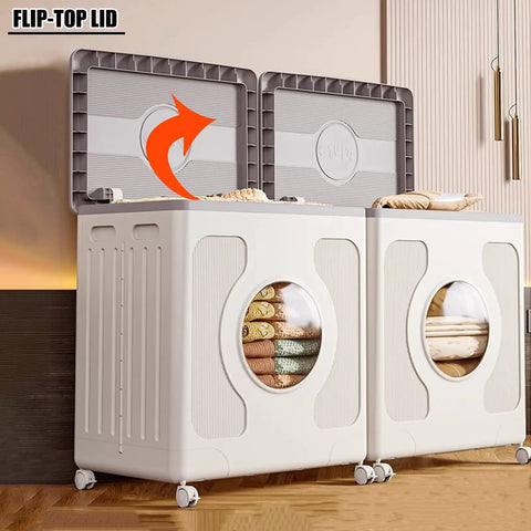 Super Roomy Foldable Storage Bin With Secure Lid And Smooth Rolling Wheels Heavy Duty Plastic Closet Organizer 160 Liter contents visible inside