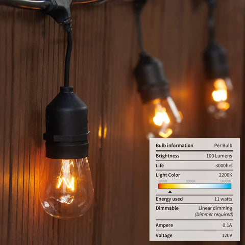 Warm 48 Foot Outdoor String Lights With Vintage Edison Bulbs 15 Bulbs At 11W Waterproof UL Listed Detail Hanging on Wall
