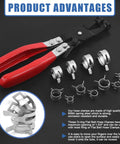 121Pcs 12 Sizes 7mm To 22mm Spring Band Hose Clamps Kit With Vacuum Fuel Silicone Pipe Clips Low Pressure Air Clip Fasteners DIY Gear Kit Includes Swivel Flat Band Hose Clamp Pliers with red handles and metal clamps on black background