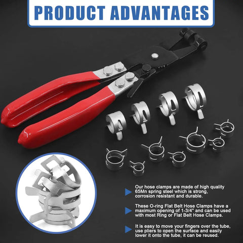 121Pcs 12 Sizes 7mm To 22mm Spring Band Hose Clamps Kit With Vacuum Fuel Silicone Pipe Clips Low Pressure Air Clip Fasteners DIY Gear Kit Includes Swivel Flat Band Hose Clamp Pliers with red handles and metal clamps on black background