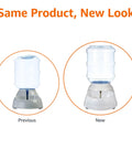 Gravity Pet Water Dispenser For Cats And Dogs Easy To Clean 1 Gallon Capacity, small gray unit with transparent tank, new and old design comparison