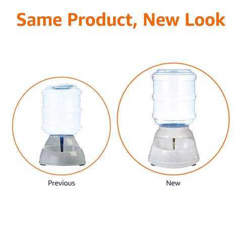 Gravity Pet Water Dispenser For Cats And Dogs Easy To Clean 1 Gallon Capacity, small gray unit with transparent tank, new and old design comparison
