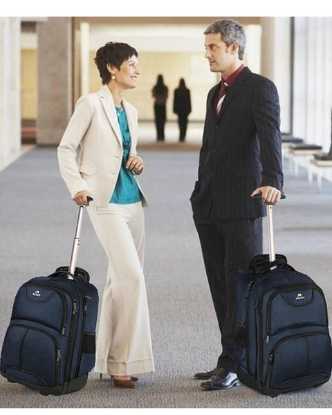 Blue rolling laptop backpack on wheels; front view of two suited individuals.