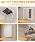 Heavy Duty Drywall Access Panel 14 By 14 Inch Wall Hole Cover White Galvanized Steel in bathroom and kitchen settings.