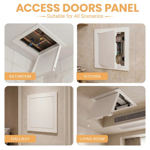 Heavy Duty Drywall Access Panel 14 By 14 Inch Wall Hole Cover White Galvanized Steel in bathroom and kitchen settings.