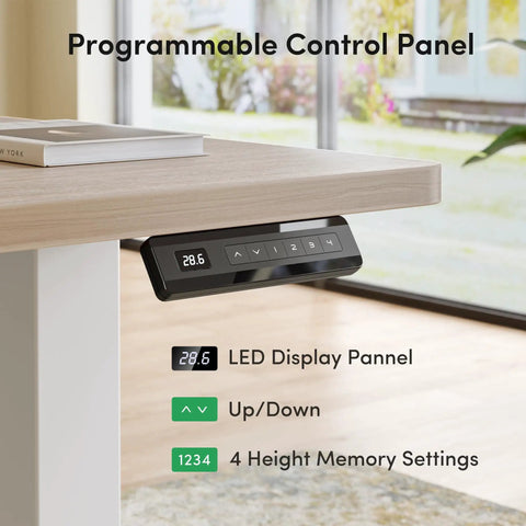 Dope Ergonomic L Shaped Standing Desk Adjustable Height Electric Sit Stand Corner Computer Workstation Smooth Preset Controls showing LED control panel.