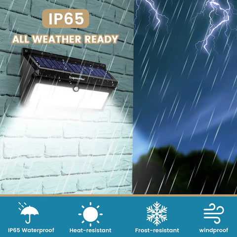 Solar Powered Outdoor Lights With 100 LEDs And 2000 Lumens, Waterproof Motion Sensor Flood Lights showing IP65 weather resistance